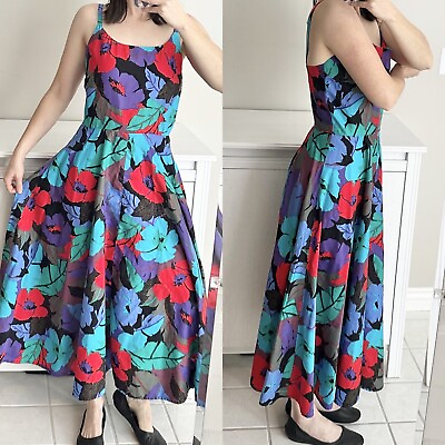#ad Vintage Floral Tea Length dress Fits Sz 6 sun dress full round skirt Colorful $29.99