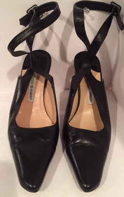 #ad MANOLO BLAHNIK SZ 8 Black Ankle Wrap Strap Heel Leather # 1710