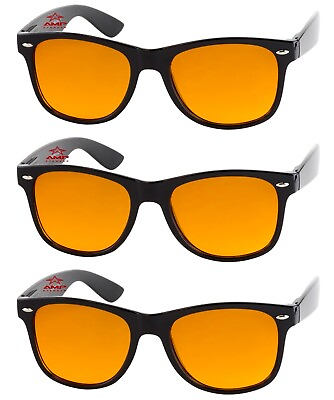 #ad 3 Pairs Pack Large Horn Rim Retro Sunglasses Spring Hinges Blue Block Amber 3BB