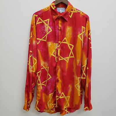 #ad Vintage Island Electric Mens Button Up Shirt Size XL Red Yellow Star Of David