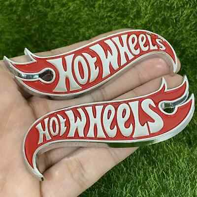 #ad 2x 3D Metal Red Silver Hot Wheels Fender Lid Hood Badge Hotwheels Decal Emblem