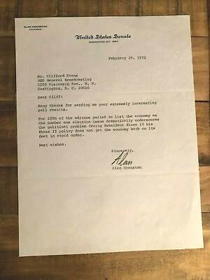#ad SIGNED Letter to Clifford Evans from Alan Cranston USS CA 1972