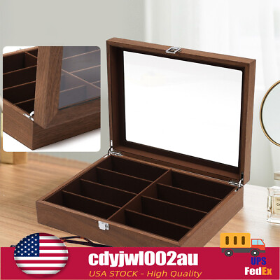 #ad 8 Slots Wooden Glasses Storage Case Sunglasses Box Display Walnut w Clear Lid US
