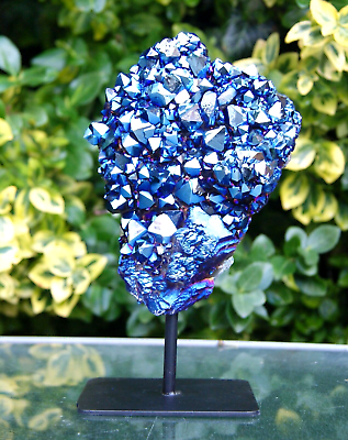 #ad Blue Amethyst Druze Geode on Metal Stand Crystal Quartz 16 x 11cm 860 grams