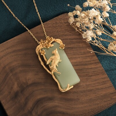 #ad Jade Pendant Necklace Charm 18K Gold Plated Chain Phoenix Bird Dainty Gemstone