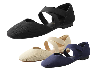 #ad Women Knit Stretchy Ballet Flat Shoes Ankle Strap Square Toe Lightweight Flats