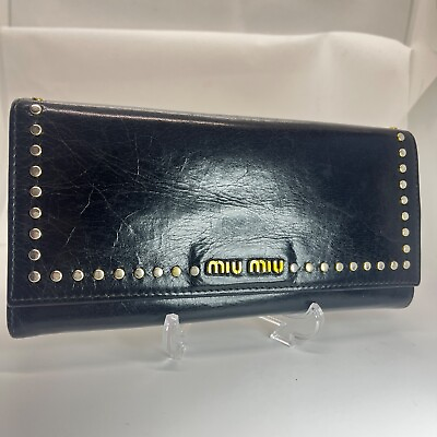 #ad MIU MIU Studded Leather bifold Black Long Wallet Authentic