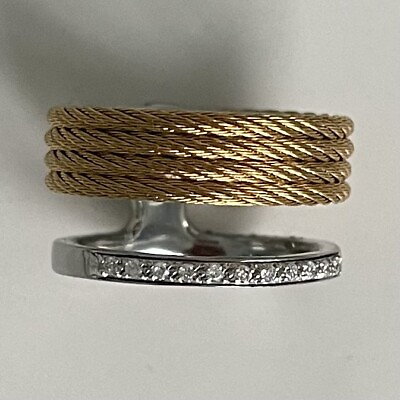 #ad ALOR Cable Asymmetrical Pave Diamond 18K Gold Stainless Steel Ring Size 7