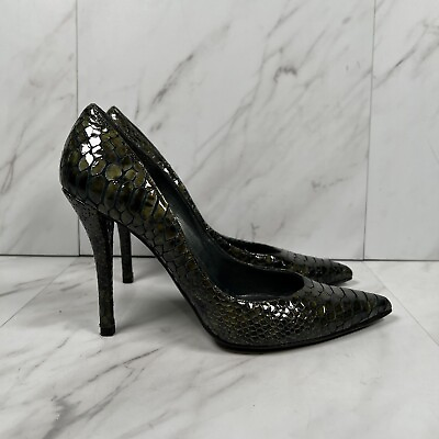 #ad Stuart Weitzman Womens Sz 7 Green Snakeskin Print Pointed Toe Pump Heels Shoes