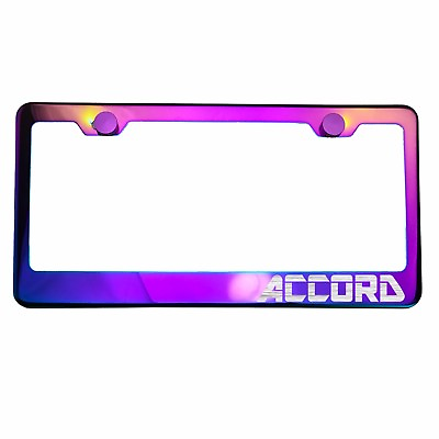 #ad Polish Neo Neon Chrome License Plate Frame ACCORD Laser Etched Metal Screw Cap