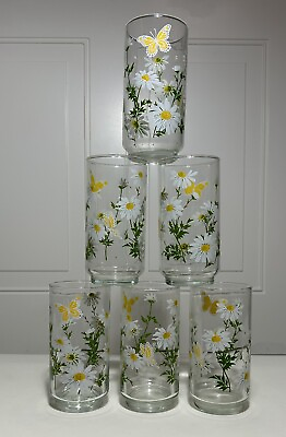 #ad Vintage Libbey Daisy Butterfly Tumblers 16 oz Spring Garden Glasses Set Of 6