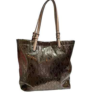 #ad Michael Kors Metallic Bronze Patent Leather Signature MK Large Tote Bag Av 1309