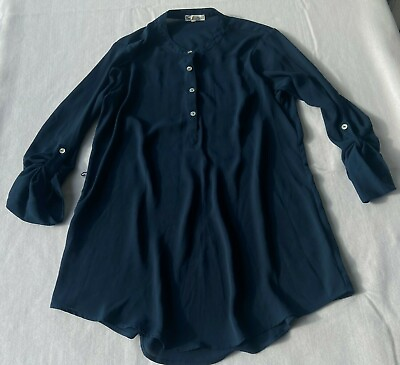#ad About A Girl Women#x27;s Juniors Navy Long Sleeve Blouse Top Size Large