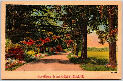 #ad 1940#x27;s Greetings From Gray Maine ME Scenic Country Road Flowers Posted Postcard