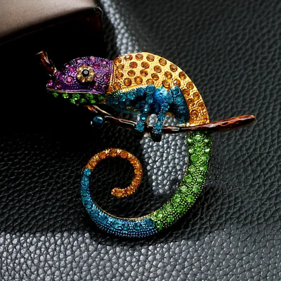 #ad Chameleon Brooches Animal Coat Pin Rhinestone Fashion Jewelry Enamel Yellow Gift