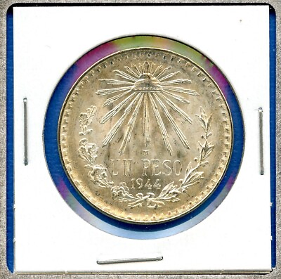 #ad 1944 Mexico 1 Un Peso Cap amp; Ray Silver Coin #85 Brilliant Uncirculated Gem BU