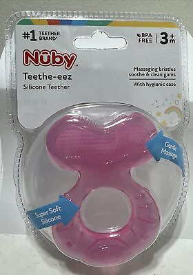 #ad Nuby Silicone Teether Teethe EEZ Teether w Bristles Soothes amp; Clean Gums w Case