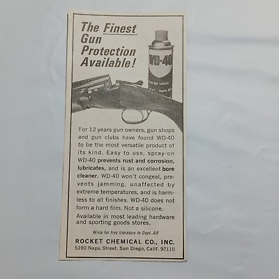 #ad 1967 VINTAGE WD 40 THE FINEST IN GUN PROTECTION AVAILABLE PRINT AD