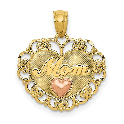#ad 14k Mom Word Small Rose Gold Heart On Large Yellow Gold Heart Charm Pendant