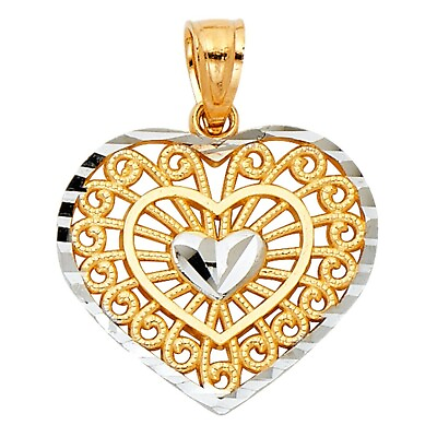 #ad Real 14K Yellow and White 2 Two Tone Gold Heart Charm Pendant