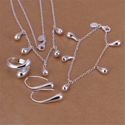 #ad 925 silver women Charm solid wedding drop Ring Bracelet Earring necklace jewelry