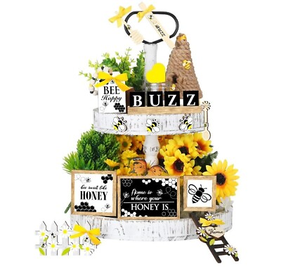#ad 16 Pcs Bee Tiered Tray Decor Set Spring Summer Honey Bee Wooden Signs Rustic