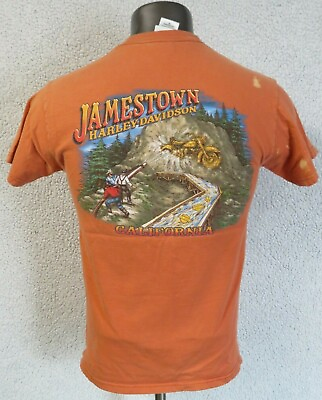 #ad Mens Harley Davidson T Shirt Size M Jamestown CA Made In USA Orange Distressed