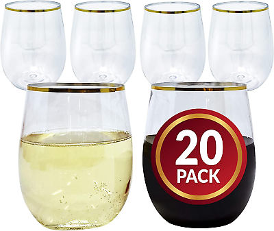 #ad 12Oz. Disposable Wine Glasses Gold Rim 20 Pack Stemless Crystal Clear Reusab