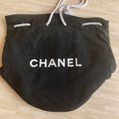 #ad Authentic CHANEL Logos Drawstring Bag Canvas Vinyl Black $140.00