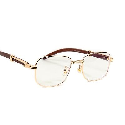 #ad Gold Frame Retro 90#x27;s Hip Hop Vintage Luxury Wood Mens Large Clear Lens Glasses