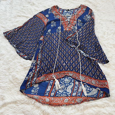 #ad Gianni Bini Womens Dress Medium Blue Boho Peasant Tassel Floral Print 13338