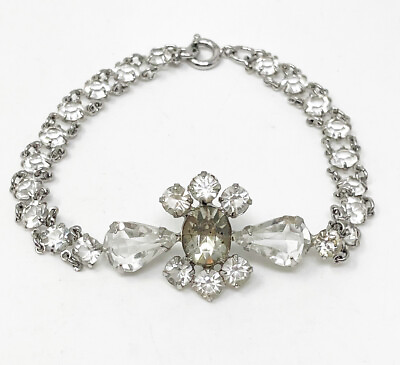 #ad Vintage Silver Tone Glass Stones Flower Bracelet Wedding Bridal Jewelry Flaw
