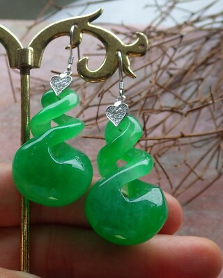 #ad 925 Sterling Silver Green Jade Earring Dangle Circle *8* Knotted Knotte 397570