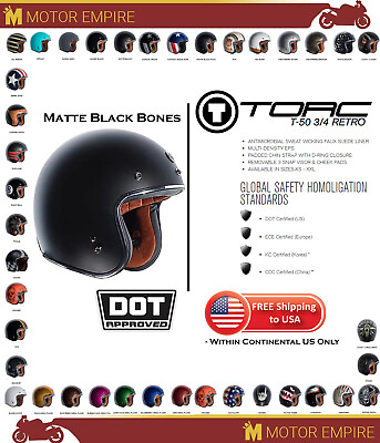 #ad TORC T 50 3 4 Open Face Retro Motorcycle Helmet Matte Flat Black Bones DOT ECE