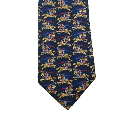 #ad Vintage Burberrys Burberry Equestrian Knight ALL OVER Print Silk Tie Blue