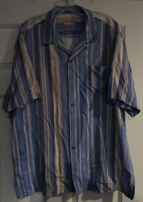 #ad Tommy Bahama 100% Silk Hawaiian Camp Shirt Dark Blue Embroidered Retro Large