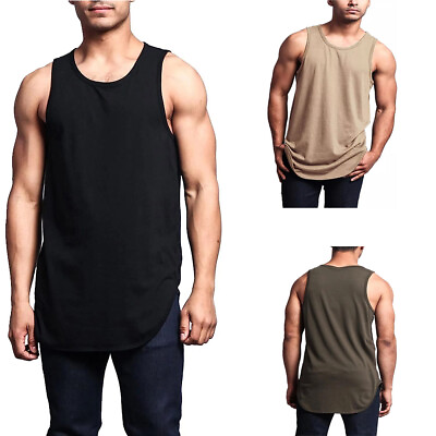 #ad Men Solid Color Curved Hem Long Length Tank Top Perfect for Summer Casual Wear