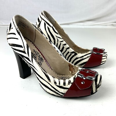 #ad Naughty Monkey Zebra Pattern leather heels Size 8 Black White Red 4” Heel