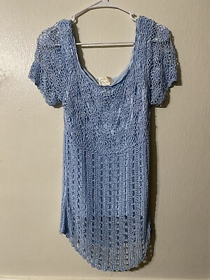 #ad Kroshetta Womens Crochet Floral Tunic Top Blue Boho Semi Sheer Lagenlook XL