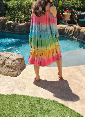 #ad Maya Antonia Cold Shoulder Hand Tie dye Tropical Rainbow Aqua Turquoise Dress