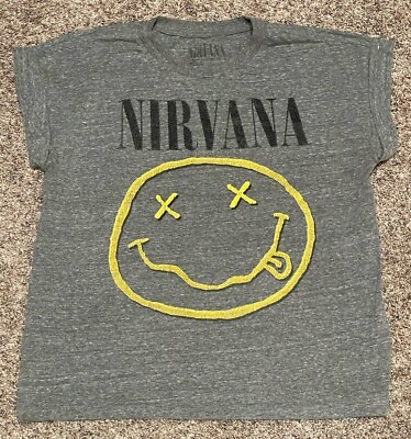 #ad Nirvana T Shirt Small Smiley Face Logo LICENSED Authentic Cobain Cuffed Sleeves