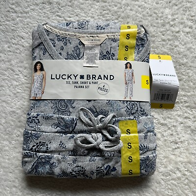 #ad Lucky Brand Pajama Set S NEW Floral Gray Blue 4 Piece Tee Tank Short Pant SOFT