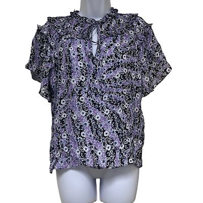 #ad Parker Womens XL Pullover Blouse Purple Black Floral Keyhole Neck Ruffled NWOT