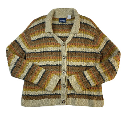 #ad VTG 90s Womens Color Block Cable Knit Collared Cardigan Sweater Grunge Punk