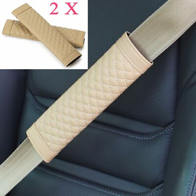 #ad 2Pcs Beige Car Safety Seat Belt PU Leather Shoulder Pads Cover Cushion Harness