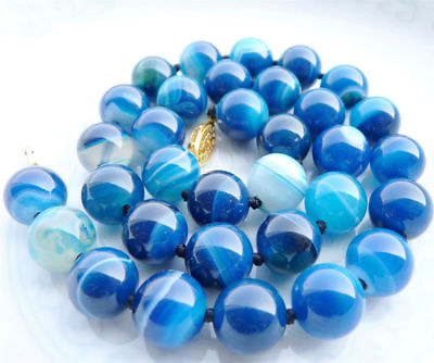 #ad Natural 8 10 12mm Round Blue Striped Agate Onyx Gemstone Round Necklaces 18 48quot;