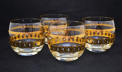 #ad CULVER GLASS SET OF 4 TUMBLERS ANTIGUA GOLD CLEAR RETRO