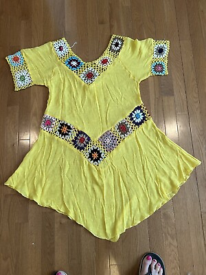 #ad Ana amp; Rose Size M Yellow Crochet Cover up Boho Granny Square Adorable