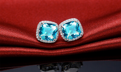 #ad Cushion Cut Blue amp; White Topaz Halo Stud Earrings 925 Stamped Sterling Silver