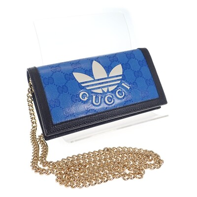 #ad GUCCI Adidas Collaboration Chain Wallet Crystal GG Canvas x Leather Blue TGIS